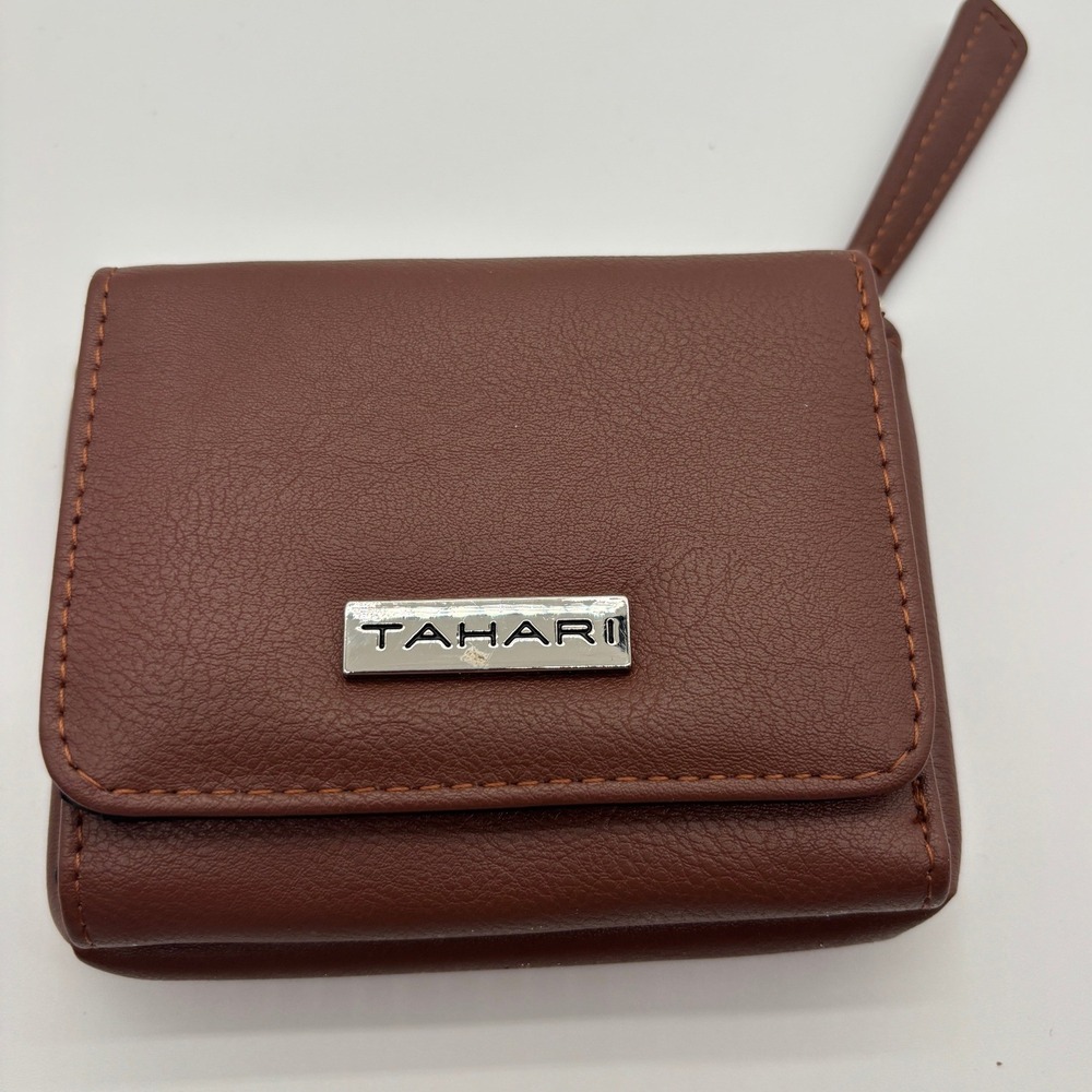 Tahari Brown Faux‎ Leather Trifold Wallet ID Window Coin Pocket